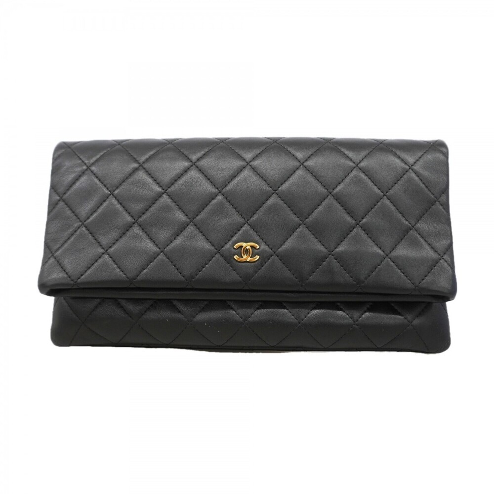 CHANEL Black Lambskin Leather Clutch Bag